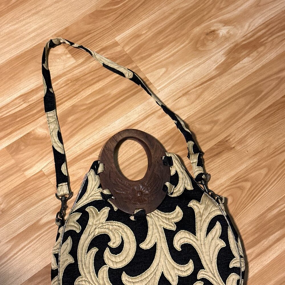 ZARA Crossbody Handbag Boho Wooden Handles Embroidered Fabric Black Tan Purses - Picture 3 of 14